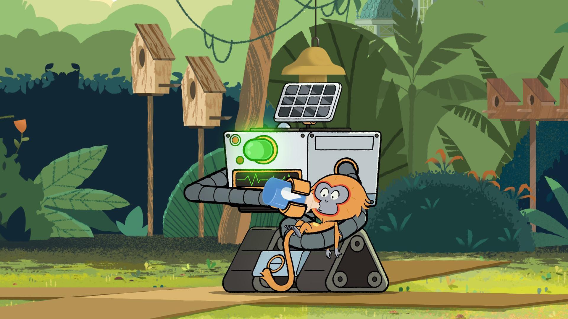 Unter Bäumen und zwischen Vogelhäuschen steht ein Roboter. Er füttert ein Äffchen mit der Flasche. An seinem Vorderteil leuchtet eine grüne Lampe.