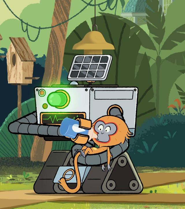 Unter Bäumen und zwischen Vogelhäuschen steht ein Roboter. Er füttert ein Äffchen mit der Flasche. An seinem Vorderteil leuchtet eine grüne Lampe.