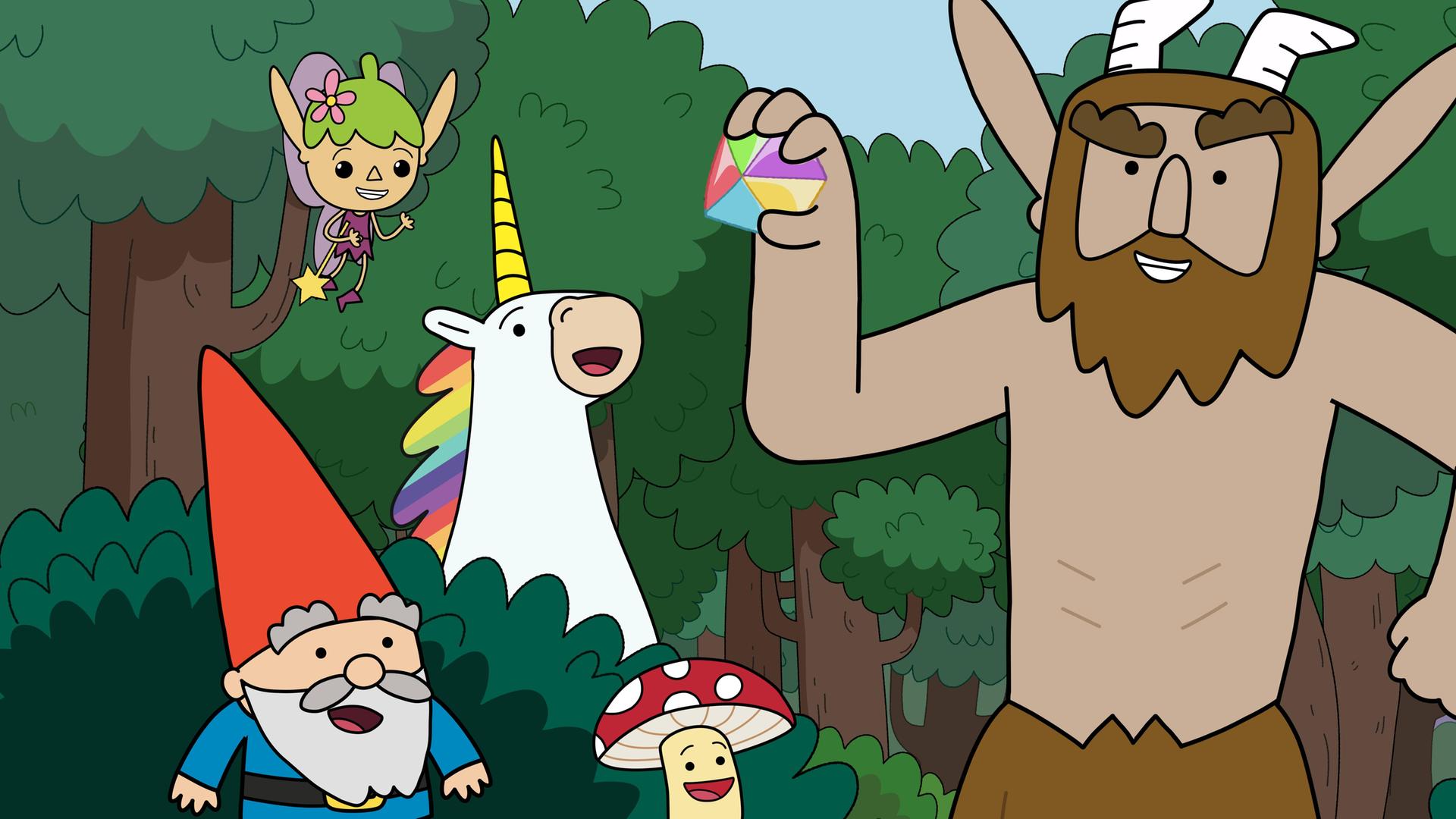 Im Wald stehen die Helden Herbert, Blümchen, Tupfen und Hufius hinter und vor einem Busch. Über ihnen fliegt Twinkle. Hufius hält stolz einen Stein hoch, der aus fünf verschiedenfarbigen Steinen besteht. Die anderen schauen mit frohen Gesichtern zu ihm.