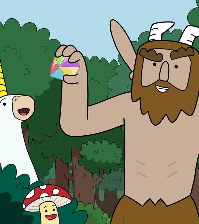 Im Wald stehen die Helden Herbert, Blümchen, Tupfen und Hufius hinter und vor einem Busch. Über ihnen fliegt Twinkle. Hufius hält stolz einen Stein hoch, der aus fünf verschiedenfarbigen Steinen besteht. Die anderen schauen mit frohen Gesichtern zu ihm.