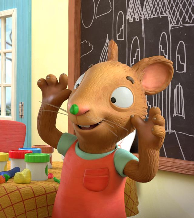 Im Haus albern die zwei besten Freunde Pip, das Kaninchen und Posy, die Maus herum. Posy hat einen Klecks grüner Knete auf der Nase und hält sich neckend die Hände an die Ohren, Pip amüsiert sich köstlich darüber. Auf dem Tisch hinter den beiden stehen viele Dosen mit bunten Deckeln.