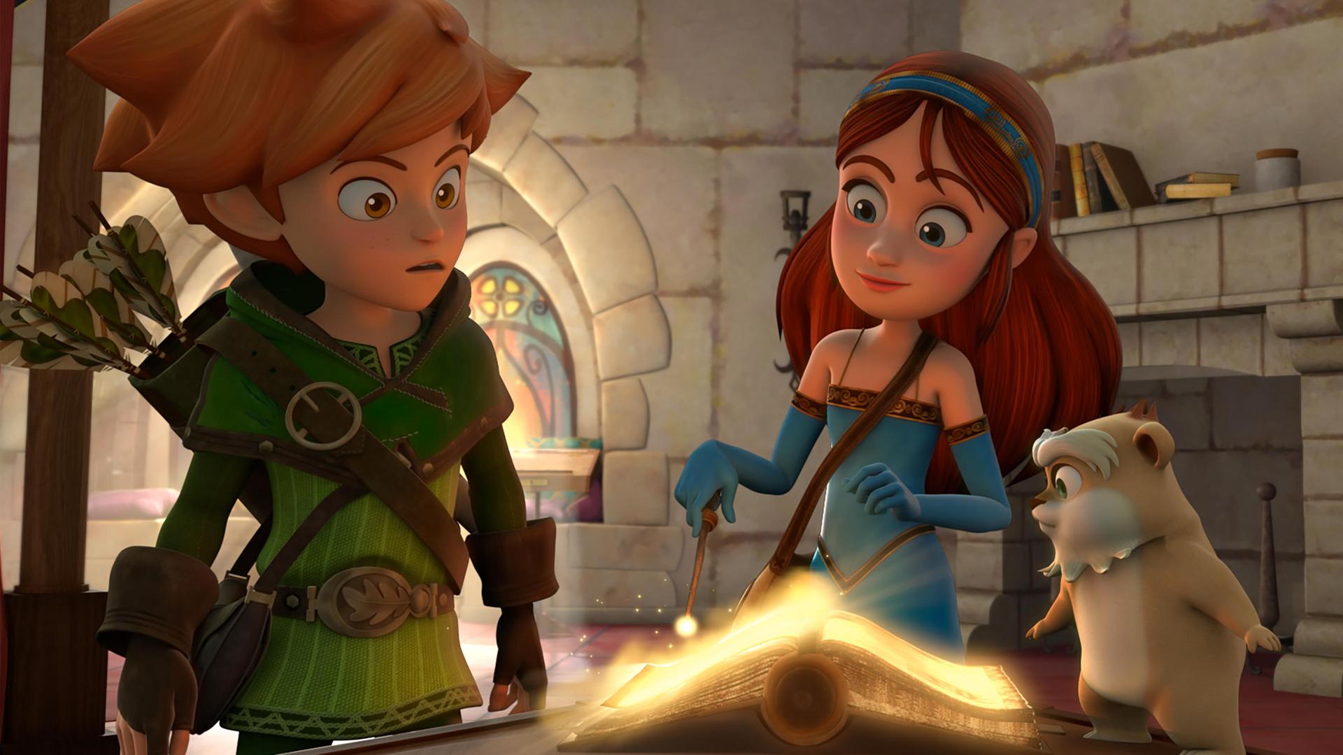 In einem Raum im Schloss stehen Robin und Marian an einem Tisch und blicken in ein aufgeschlagenes Buch. Marian hält ihren leuchtenden Zauberstab darauf und die Seiten leuchten ebenfalls hell auf. Derke in seiner Hamsterform, steht vor dem Buch und blickt darauf.