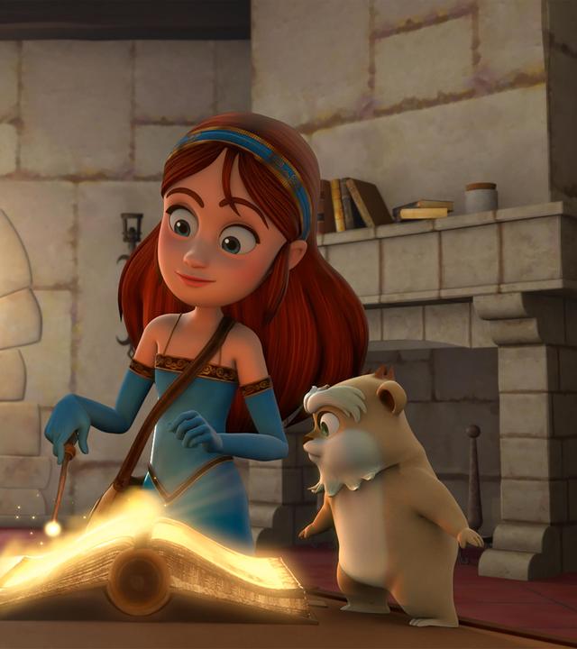 In einem Raum im Schloss stehen Robin und Marian an einem Tisch und blicken in ein aufgeschlagenes Buch. Marian hält ihren leuchtenden Zauberstab darauf und die Seiten leuchten ebenfalls hell auf. Derke in seiner Hamsterform, steht vor dem Buch und blickt darauf.