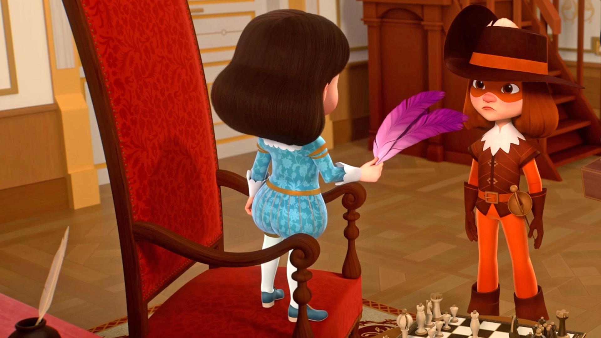 In einer der Säle des Palastes;  König Louis XIII. steht auf einem Stuhl und hält eine lilafarbene Feder in seiner rechten Hand. Er hält diese Feder zu d'Artagnan die sie erstaunt anblickt. Neben d'Artagnan steht Athos, die eine braune Kiste in ihren Händen hält. Sie schaut ebenfalls erstaunt auf die Feder. Neben König Louis steht ein Tisch, auf dem ein Schachbrett aufgebaut ist. Direkt daneben sitzt Richelieu in einem Sessel.