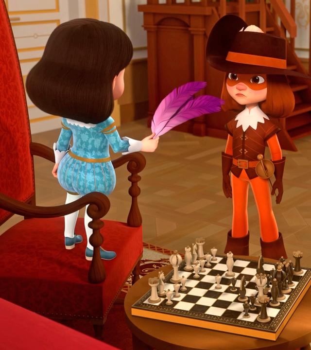 In einer der Säle des Palastes;  König Louis XIII. steht auf einem Stuhl und hält eine lilafarbene Feder in seiner rechten Hand. Er hält diese Feder zu d'Artagnan die sie erstaunt anblickt. Neben d'Artagnan steht Athos, die eine braune Kiste in ihren Händen hält. Sie schaut ebenfalls erstaunt auf die Feder. Neben König Louis steht ein Tisch, auf dem ein Schachbrett aufgebaut ist. Direkt daneben sitzt Richelieu in einem Sessel.