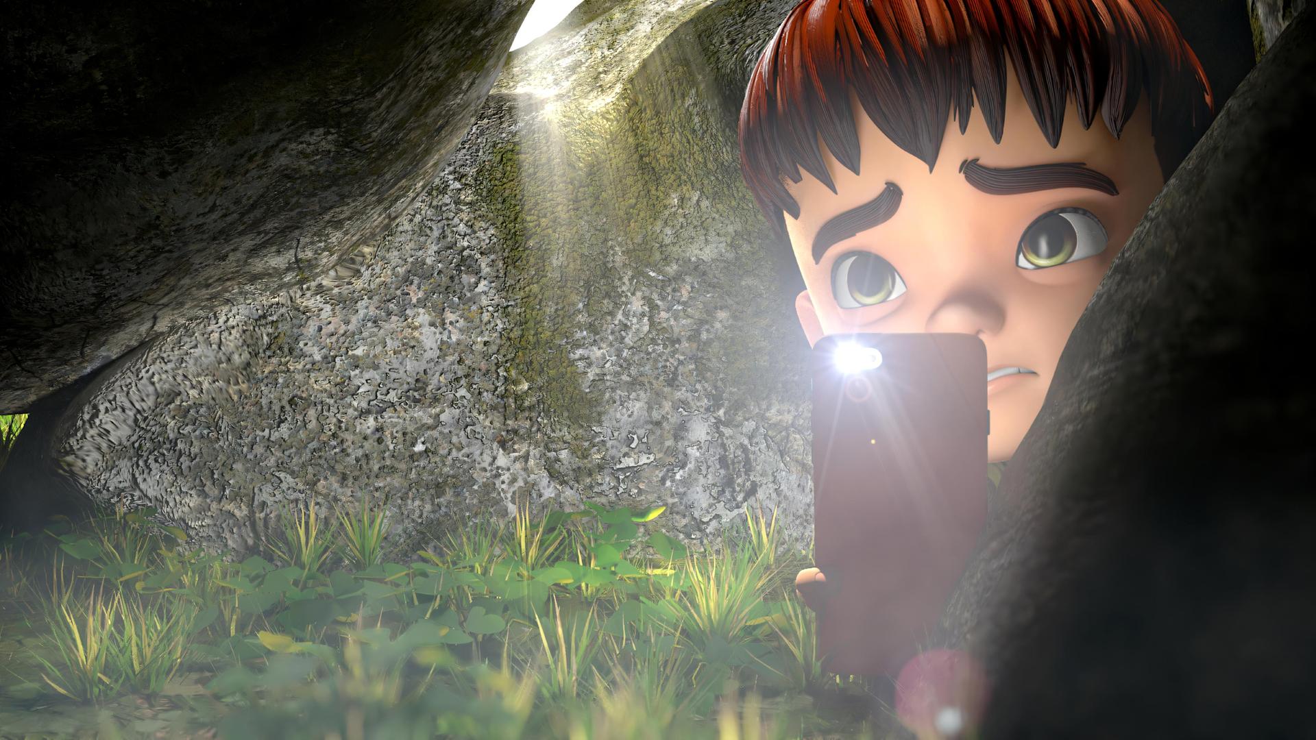 Zwischen mehreren Felsbrocken ist der Kopf von Kleiner Fuß zu sehen. Er leuchtet mit dem Licht eines Handys in eine dunkle Höhle hinein. Sein Blick und seine Mimik verraten, dass ihm ziemlich mulmig zumute ist.
