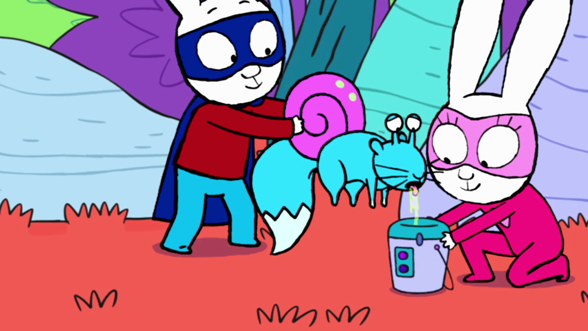 In der Fantasiewelt kniet Super-Lou vor einem Eimer auf dem Boden. Superhase steht neben Super-Lou und hält eine Eichhörnchen-Schnecke in den Händen. Die Eichhörnchen-Schnecke hält Superhase über den Eimer. Aus ihrem Mund läuft Schleim. Captain Hase steht neben Super-Lou und beobachtet das Geschehen neugierig.