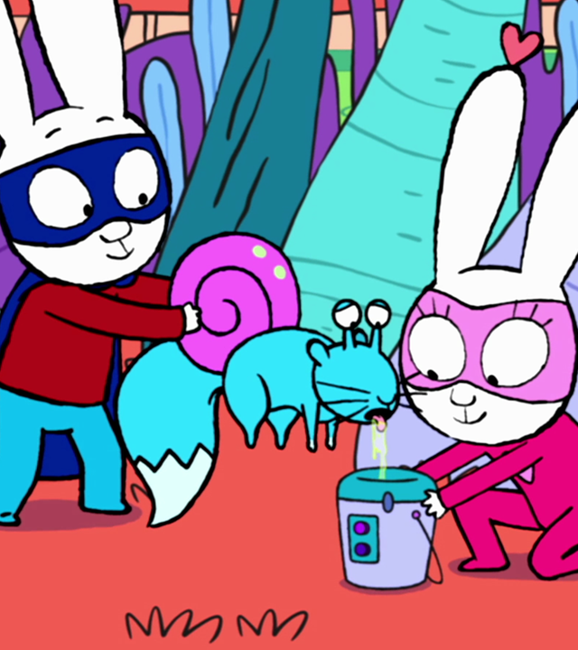 In der Fantasiewelt kniet Super-Lou vor einem Eimer auf dem Boden. Superhase steht neben Super-Lou und hält eine Eichhörnchen-Schnecke in den Händen. Die Eichhörnchen-Schnecke hält Superhase über den Eimer. Aus ihrem Mund läuft Schleim. Captain Hase steht neben Super-Lou und beobachtet das Geschehen neugierig.