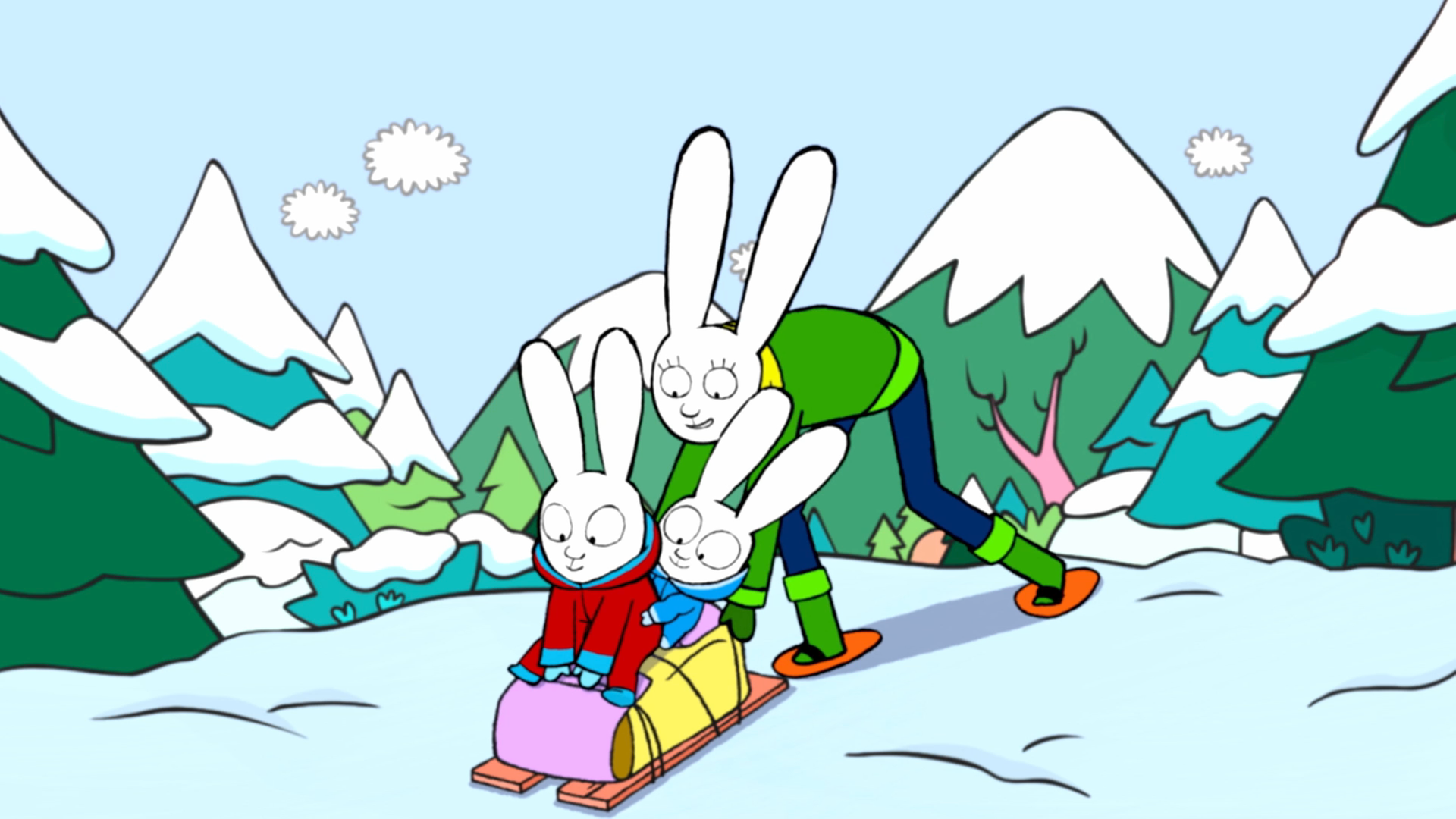 Simon und Franz sitzen auf einem Schlitten am Gipfel eines verschneiten Abhanges. Von hinten schupst Mama den Schlitten an. Sie trägt Schneeschuhe. Im Hintergrund stehen verschneite Tannen.