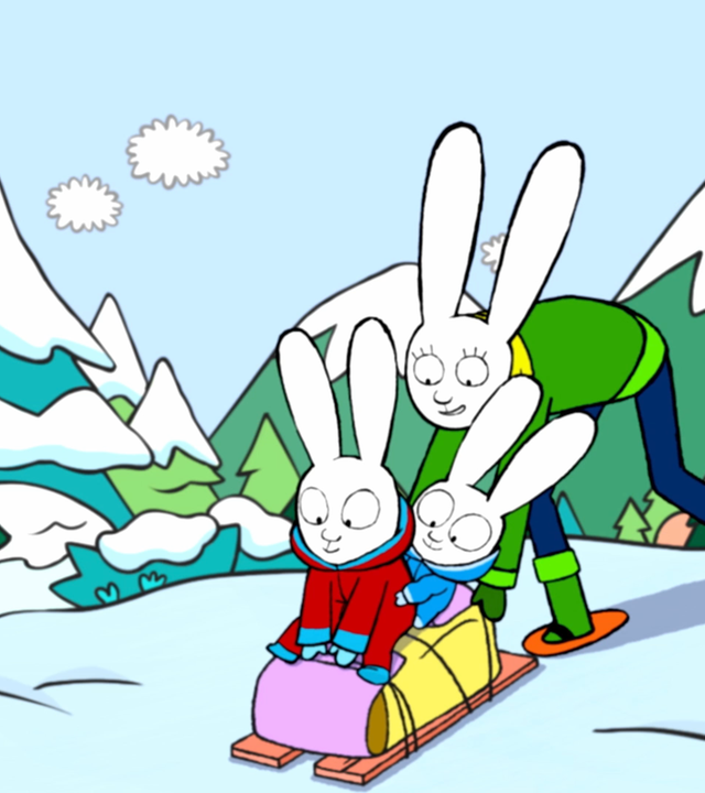 Simon und Franz sitzen auf einem Schlitten am Gipfel eines verschneiten Abhanges. Von hinten schupst Mama den Schlitten an. Sie trägt Schneeschuhe. Im Hintergrund stehen verschneite Tannen.