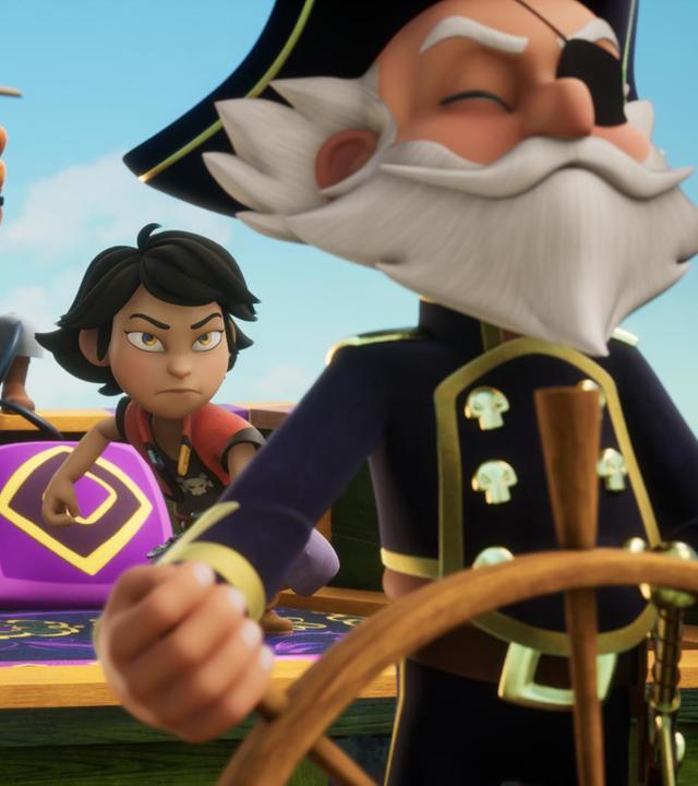 Der Einäugige Piet steht am Steuer. Hinter ihm sind zum Kampf bereit Alexander, Finn und Zoe.