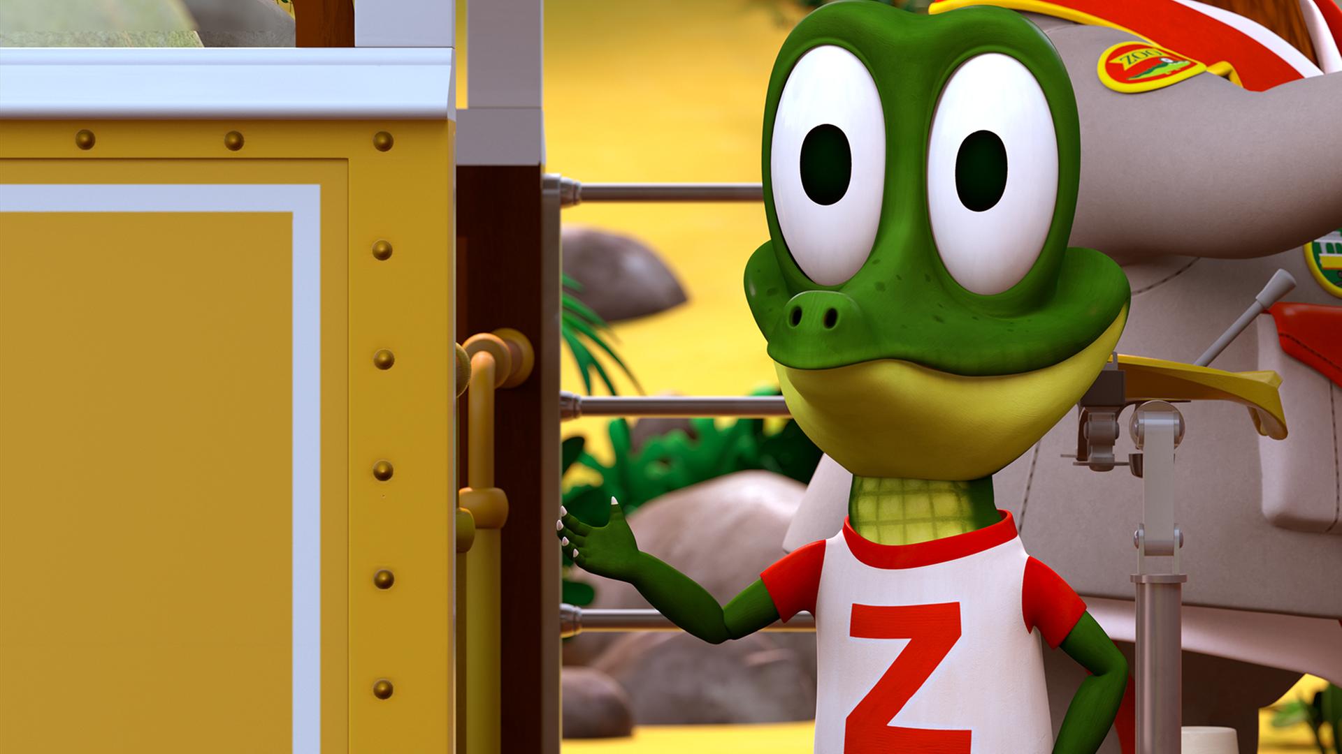 Krokodil Zacki schaut freudig in die Runde.