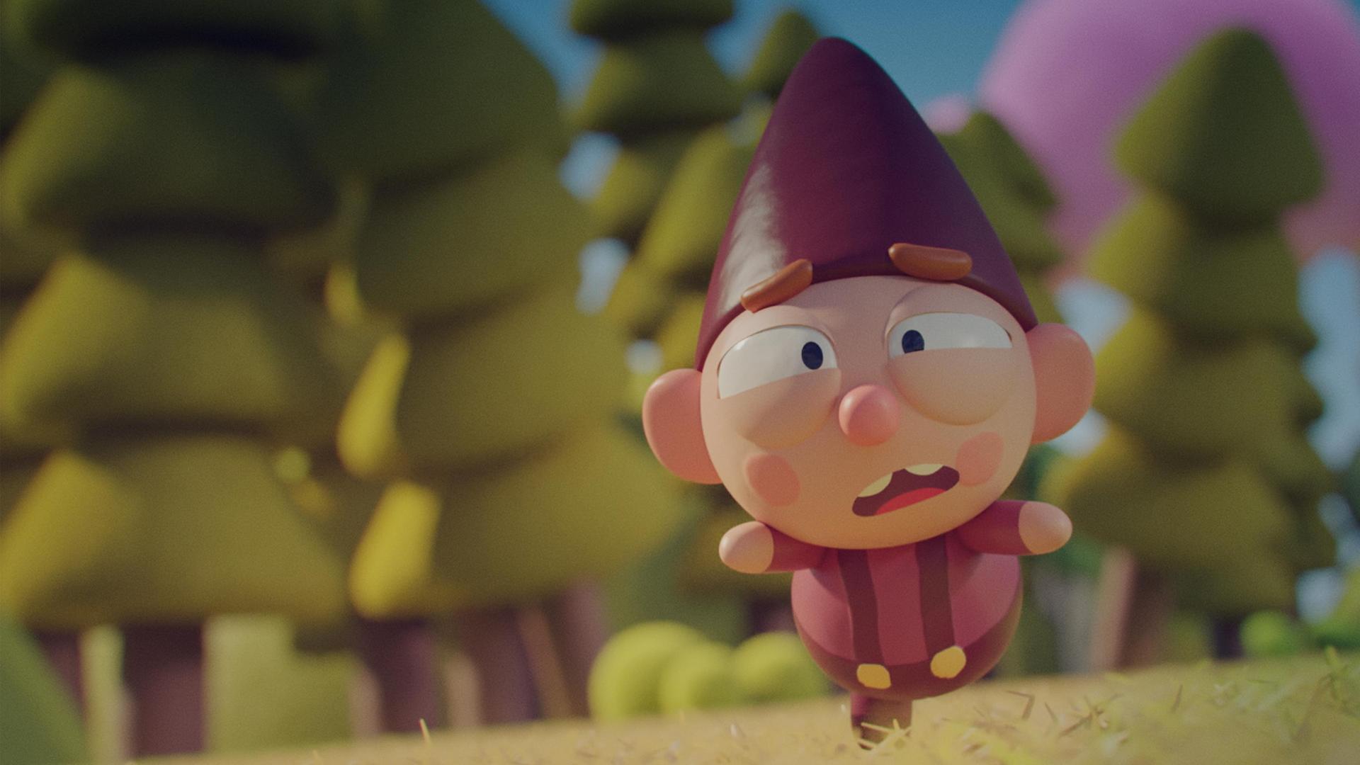 Wichtel Bob rennt mit panischem Blick auf einer Wiese vor etwas nicht Sichtbarem fort. Seine Augen sind dabei leicht geschlossen, der Mund geöffnet und die Arme nach vorne gestreckt. Im Hintergrund stehen Bäume.