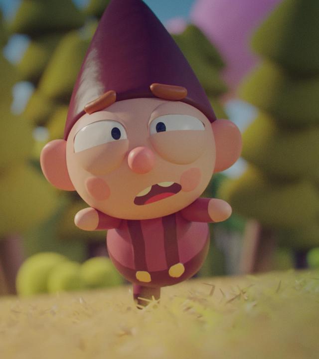 Wichtel Bob rennt mit panischem Blick auf einer Wiese vor etwas nicht Sichtbarem fort. Seine Augen sind dabei leicht geschlossen, der Mund geöffnet und die Arme nach vorne gestreckt. Im Hintergrund stehen Bäume.