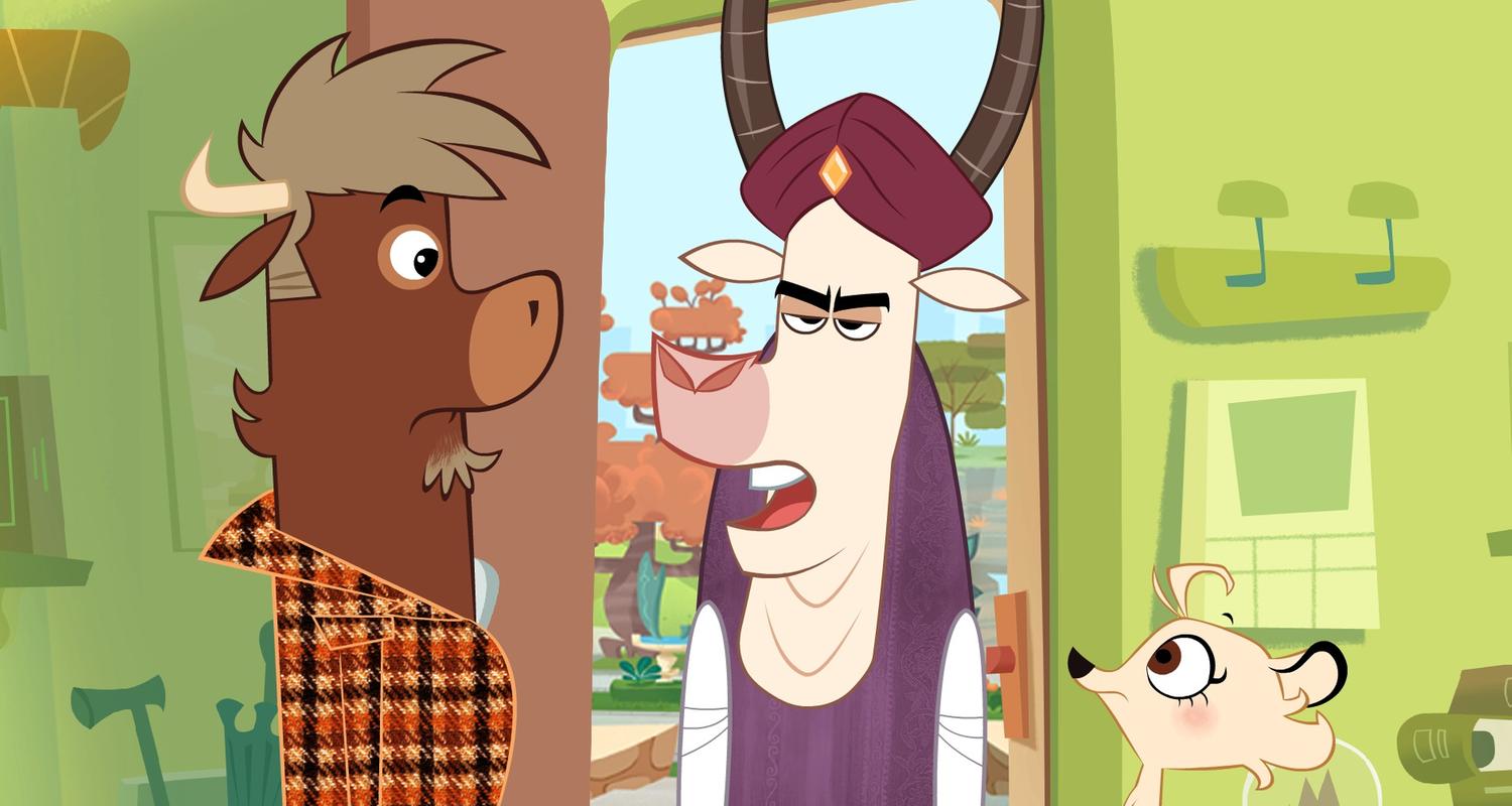 Zebu steht mürrisch in der Tür von Sherlock Yack und Hermione. Er beschwert sich, weil eine Torte nach ihm geworfen wurde. Sherlock Yack und Hermione blicken ihn erschrocken an.