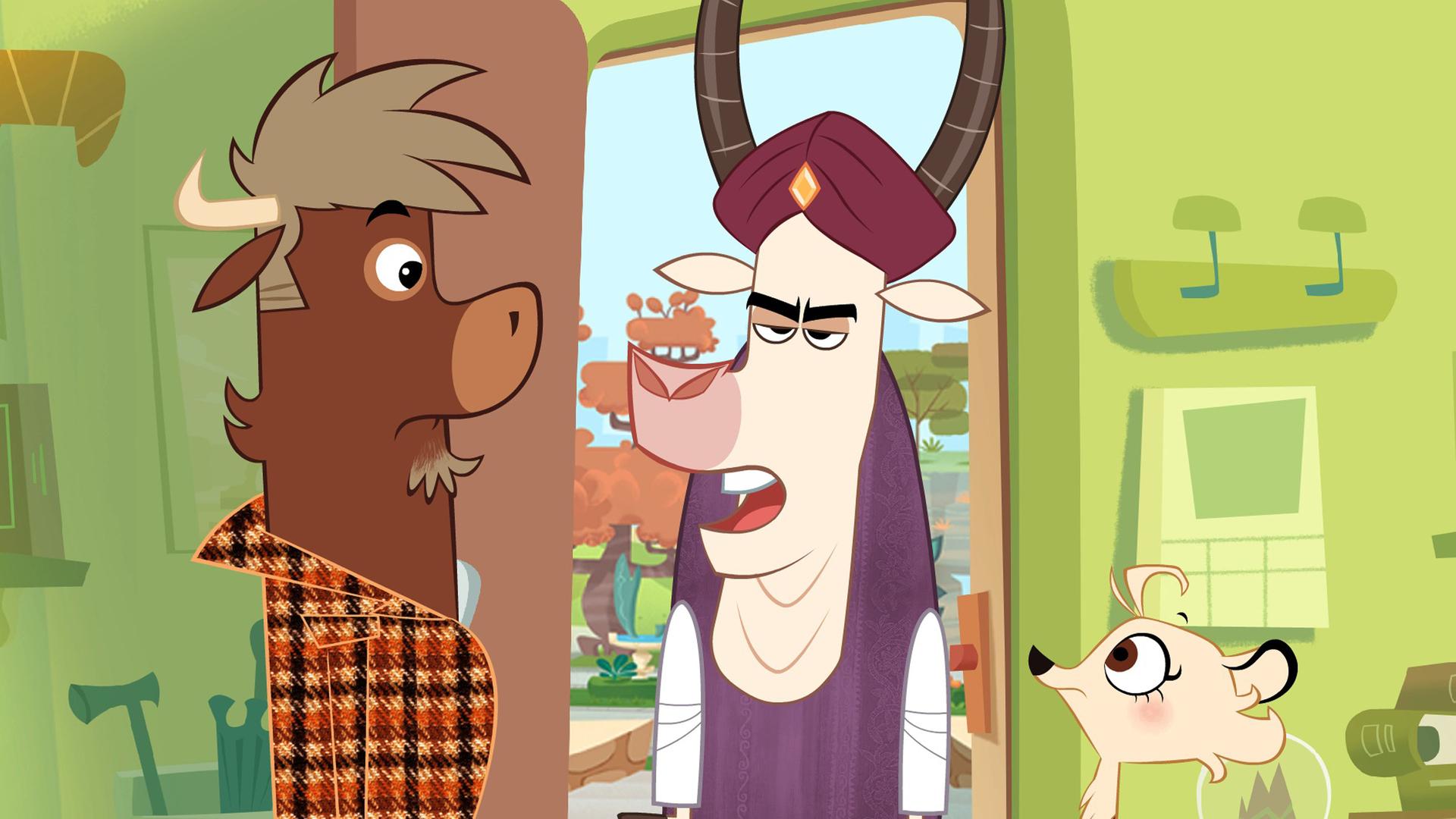 Zebu steht mürrisch in der Tür von Sherlock Yack und Hermione. Er beschwert sich, weil eine Torte nach ihm geworfen wurde. Sherlock Yack und Hermione blicken ihn erschrocken an.