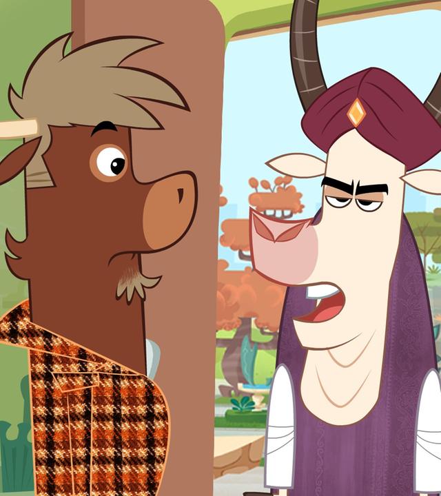 Zebu steht mürrisch in der Tür von Sherlock Yack und Hermione. Er beschwert sich, weil eine Torte nach ihm geworfen wurde. Sherlock Yack und Hermione blicken ihn erschrocken an.