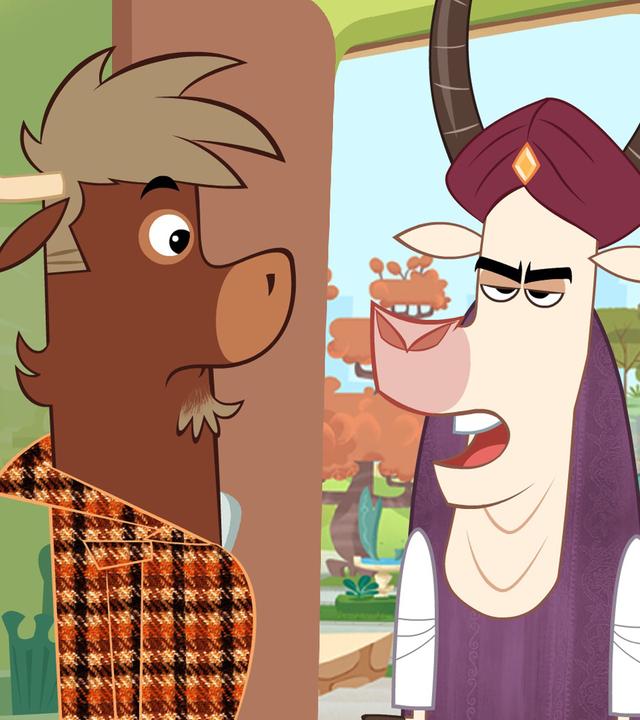 Zebu steht mürrisch in der Tür von Sherlock Yack und Hermione. Er beschwert sich, weil eine Torte nach ihm geworfen wurde. Sherlock Yack und Hermione blicken ihn erschrocken an.