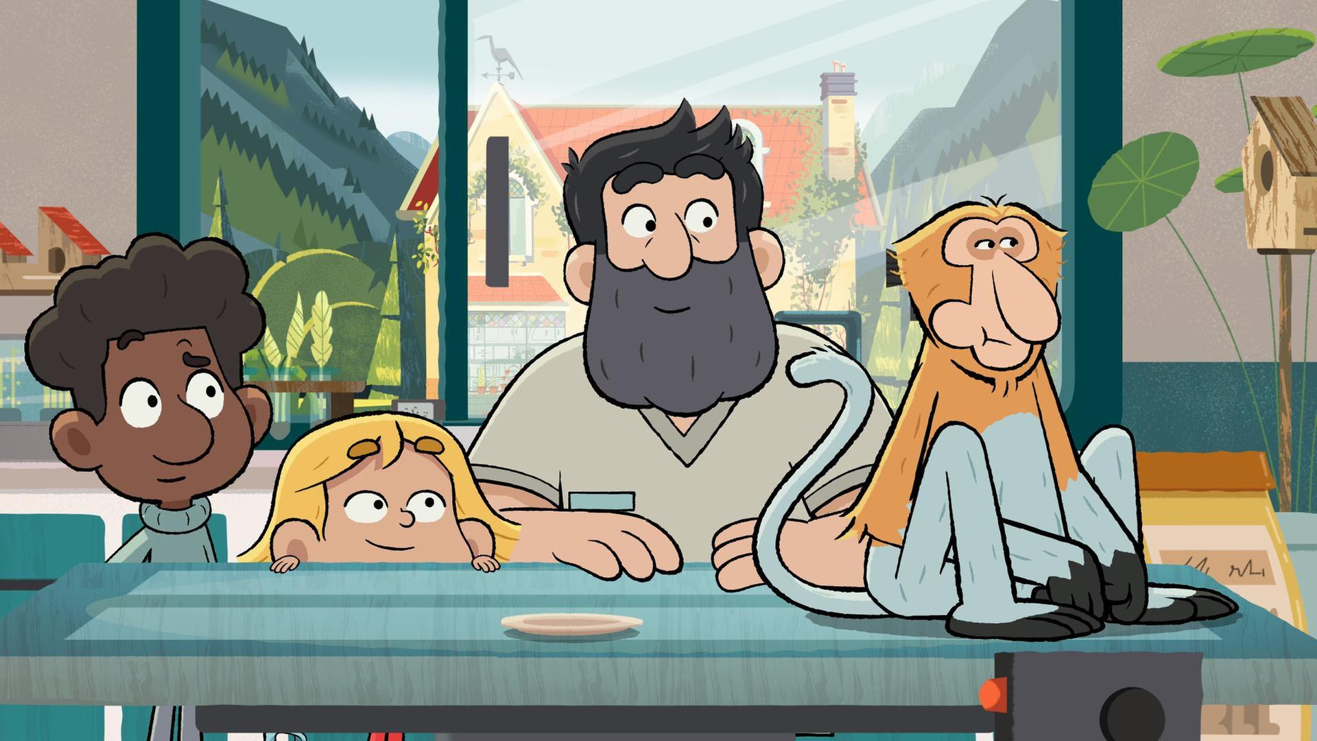 Tommy, Taylor und Hector stehen an einem Tisch. Auf dem Tisch sitzt ein Affe mit vollen Backen zufrieden kauend.