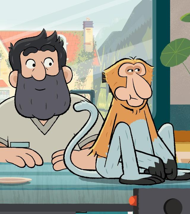 Tommy, Taylor und Hector stehen an einem Tisch. Auf dem Tisch sitzt ein Affe mit vollen Backen zufrieden kauend.