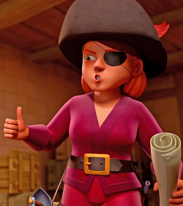 Charlotte steht lächelnd neben der Piratin Lily Rouge, die ihren rechten Daumen nach oben hält. In ihrer linken Hand hält die Piratin ein zusammengerolltes Papier.