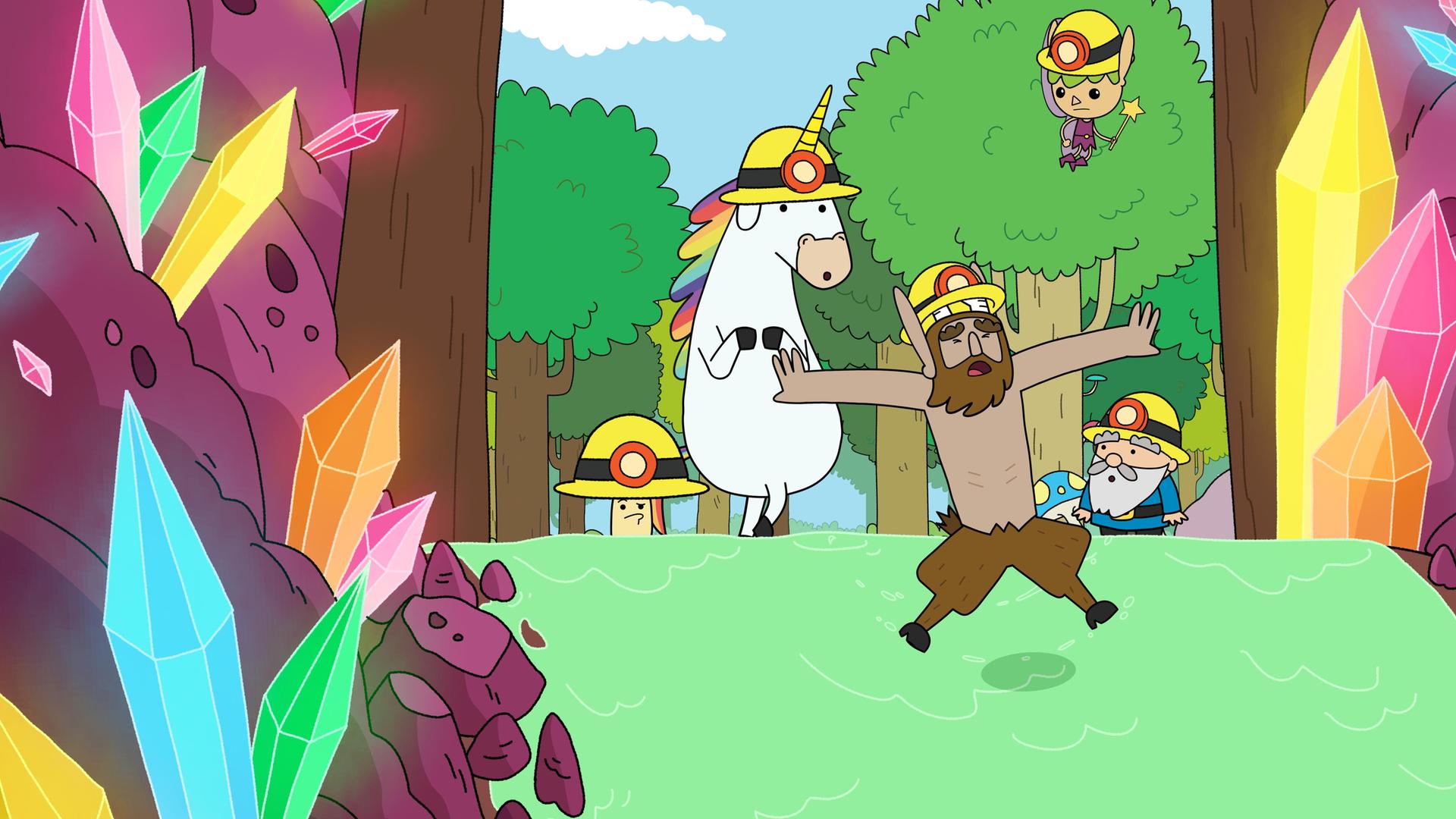 Aus einer Mine mit vielen bunten Kristallen an den Wänden heraus zum Eingang: Oben an dem Mineneingang stehen Tupfen, Blümchen und Herbert - Twinkle fliegt über ihnen - alle tragen gelbe Bergarbeiterhelme. Hufius ist schon weiter in die Mine reingegangen. Er rutscht auf einer grünen Flüssigkeit aus, die vom Eingang der Mine herabläuft, erschreckt mit weit ausgestreckten Armen und Beinen schwebt er darüber.