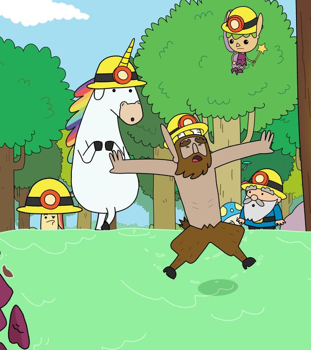 Aus einer Mine mit vielen bunten Kristallen an den Wänden heraus zum Eingang: Oben an dem Mineneingang stehen Tupfen, Blümchen und Herbert - Twinkle fliegt über ihnen - alle tragen gelbe Bergarbeiterhelme. Hufius ist schon weiter in die Mine reingegangen. Er rutscht auf einer grünen Flüssigkeit aus, die vom Eingang der Mine herabläuft, erschreckt mit weit ausgestreckten Armen und Beinen schwebt er darüber.