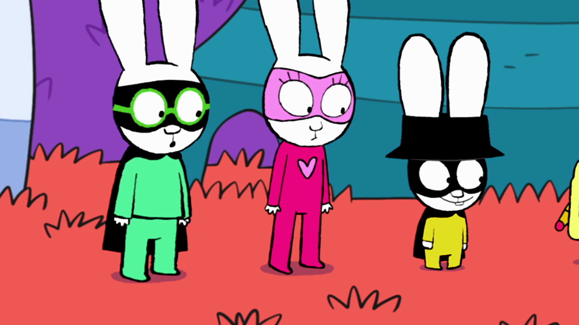 In der Fantasiewelt stehen Super-Ferdi, Super-Lou und Captain Hase vor einem kleinen lachenden Roboter. Captain Hase schaut neugierig zum Roboter herüber. Und Super-Ferdi und Super-Lou blicken den kleinen Roboter erstaunt an.