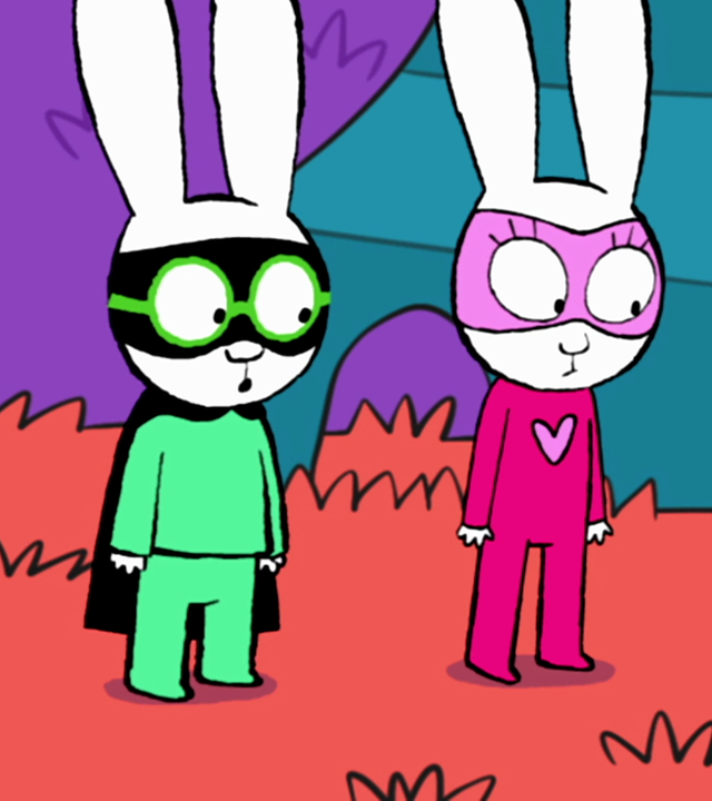 In der Fantasiewelt stehen Super-Ferdi, Super-Lou und Captain Hase vor einem kleinen lachenden Roboter. Captain Hase schaut neugierig zum Roboter herüber. Und Super-Ferdi und Super-Lou blicken den kleinen Roboter erstaunt an.