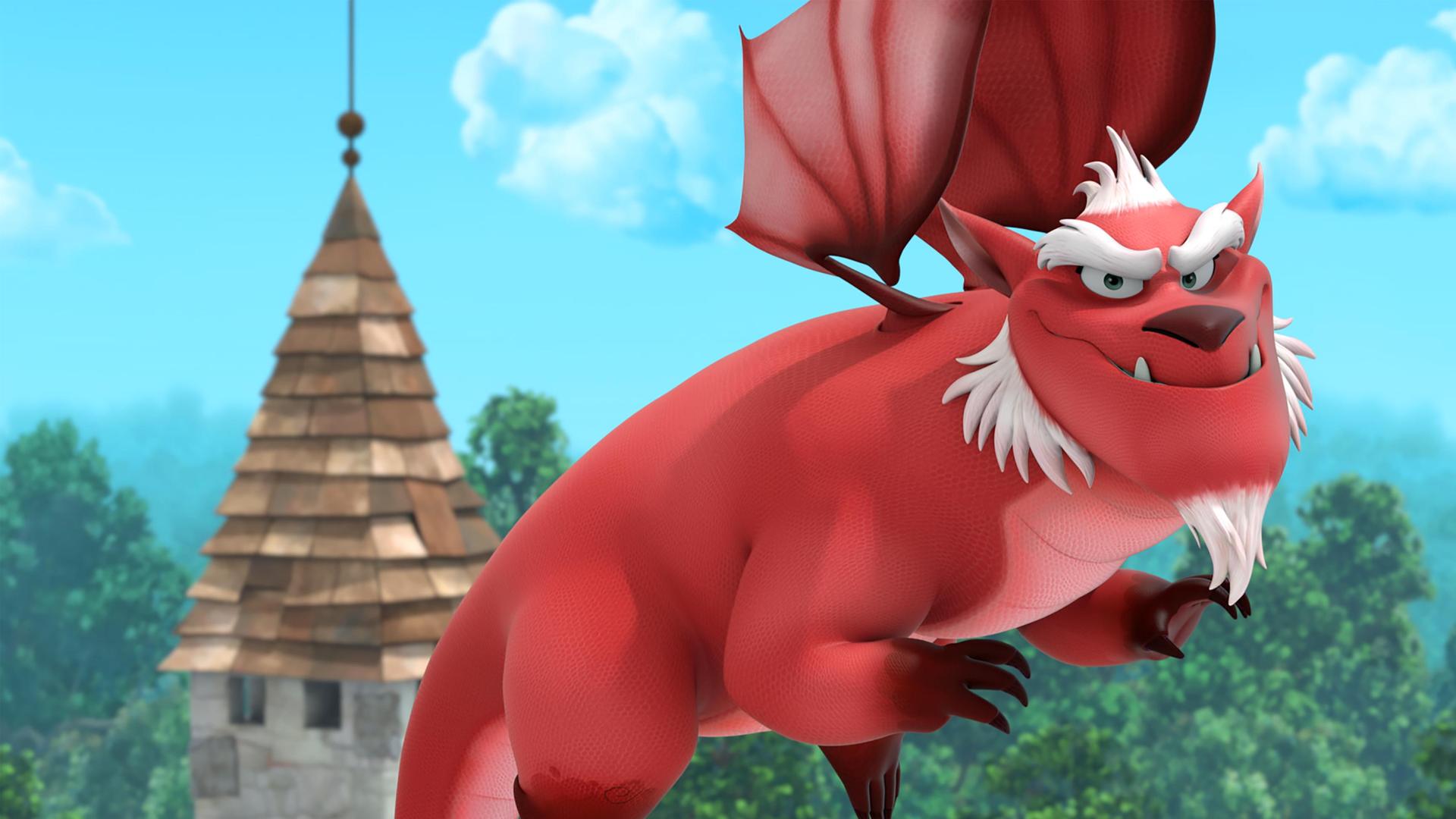 Derke fliegt in seiner Drachenform mit grimmig-lächelndem Blick hoch in der Luft über einem Wald und einem aus Stein gemauerten Schlossturm mit spitzem Dach.