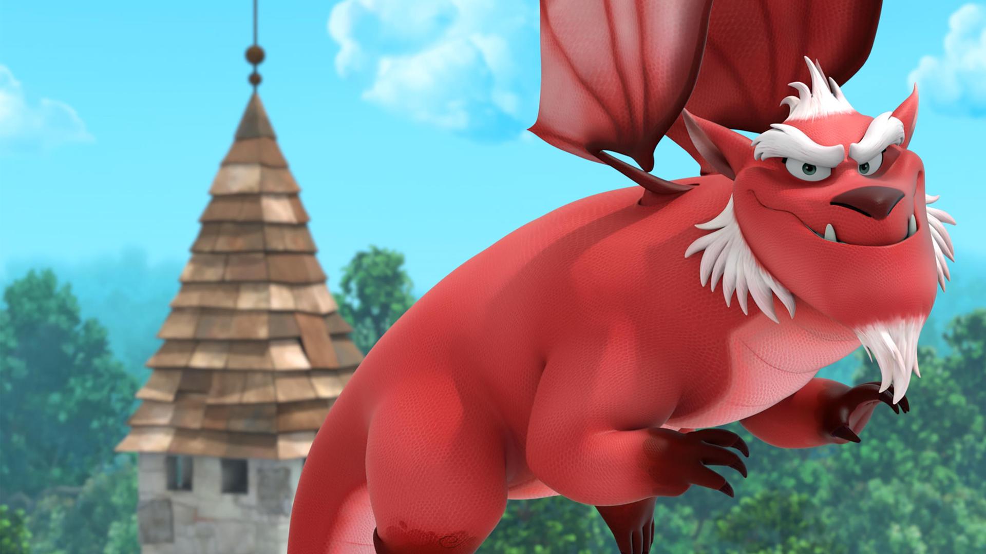 Derke fliegt in seiner Drachenform mit grimmig-lächelndem Blick hoch in der Luft über einem Wald und einem aus Stein gemauerten Schlossturm mit spitzem Dach.