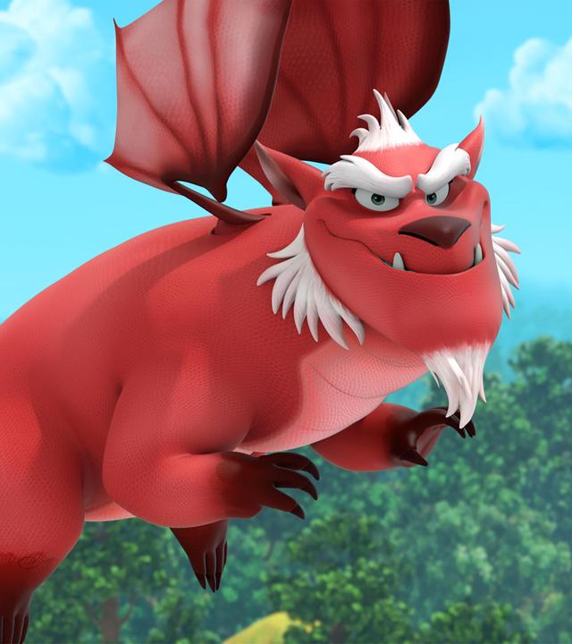 Derke fliegt in seiner Drachenform mit grimmig-lächelndem Blick hoch in der Luft über einem Wald und einem aus Stein gemauerten Schlossturm mit spitzem Dach.