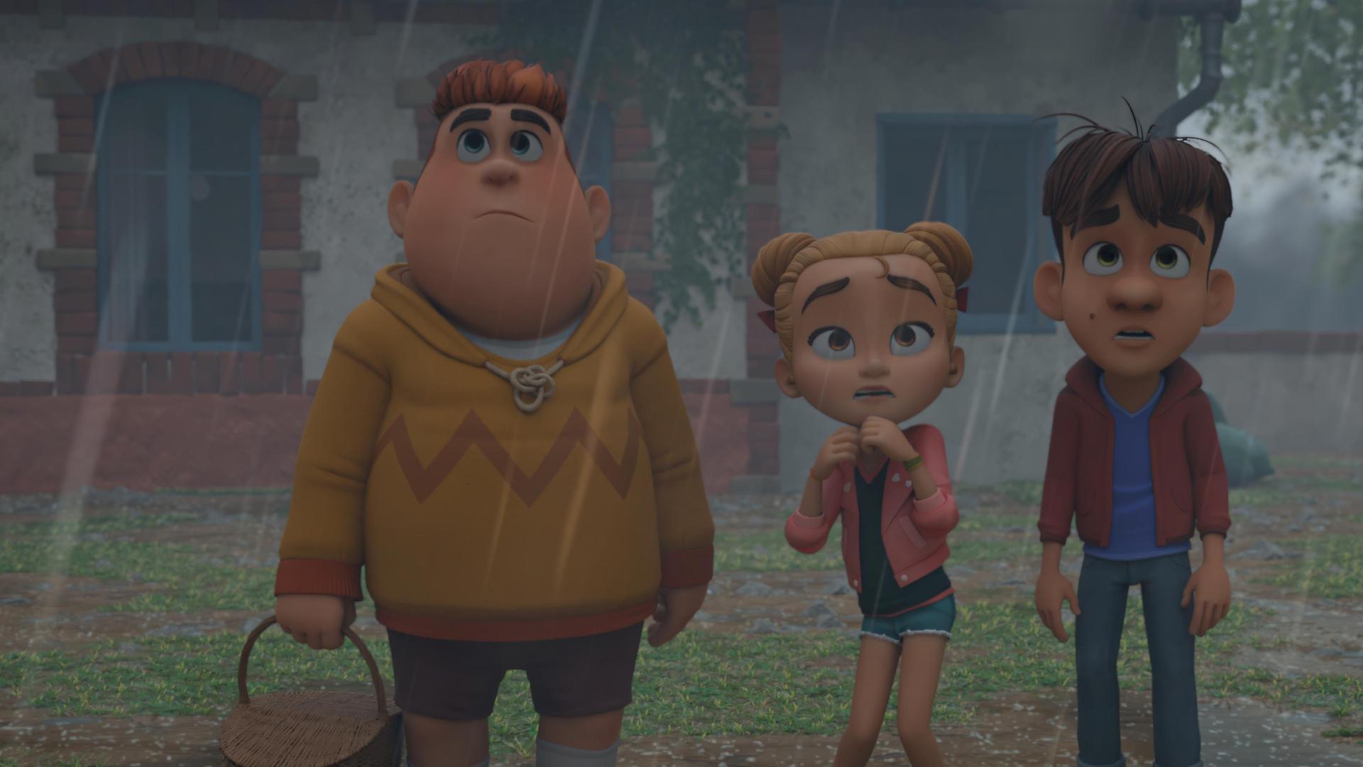 Draußen auf dem Hof von Bauer Ludwig  in einem heftigen Regenschauer schlottern Marie, Hase und Samson ganz schön die Knie vor Angst. Der Himmel ist dunkel und der Regen prasselt kräftig auf die drei Kinder herab. Unschlüssig und ängstlich blicken sie auf etwas, das vor ihnen ist.