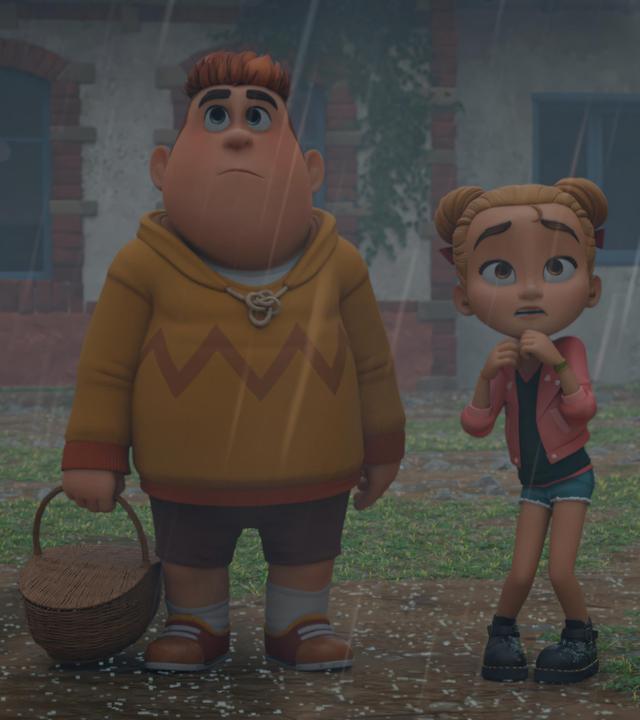 Draußen auf dem Hof von Bauer Ludwig in einem heftigen Regenschauer schlottern Marie, Hase und Samson ganz schön die Knie vor Angst. Der Himmel ist dunkel und der Regen prasselt kräftig auf die drei Kinder herab. Unschlüssig und ängstlich blicken sie auf etwas, das vor ihnen ist.