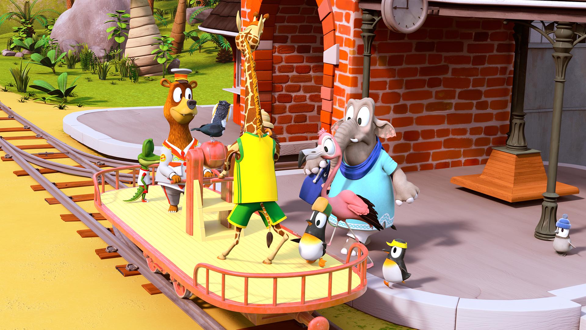 Einige Tiere der Zoobande stehen am Bahnhof und steigen auf eine Draisine.