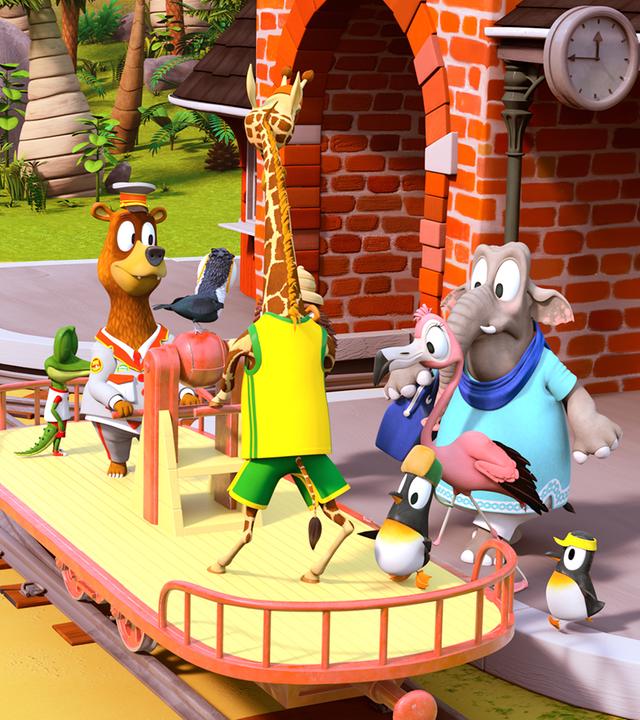 Einige Tiere der Zoobande stehen am Bahnhof und steigen auf eine Draisine.