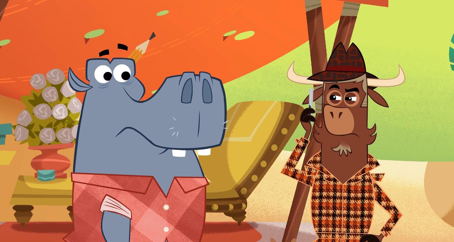 Das Nilpferd steht links neben Sherlock Yack. Es sieht ratlos aus. Sherlock Yack runzelt nachdenklich die Stirn. Er hat eine Faust in die Hüfte gestemmt.