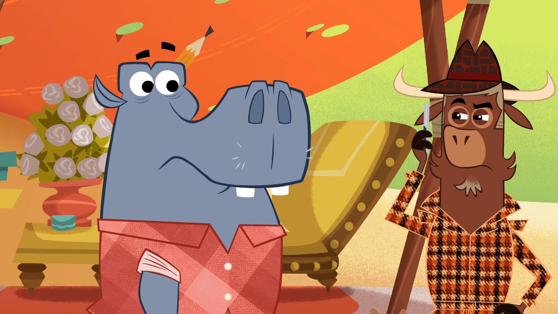 Das Nilpferd steht links neben Sherlock Yack. Es sieht ratlos aus. Sherlock Yack runzelt nachdenklich die Stirn. Er hat eine Faust in die Hüfte gestemmt.