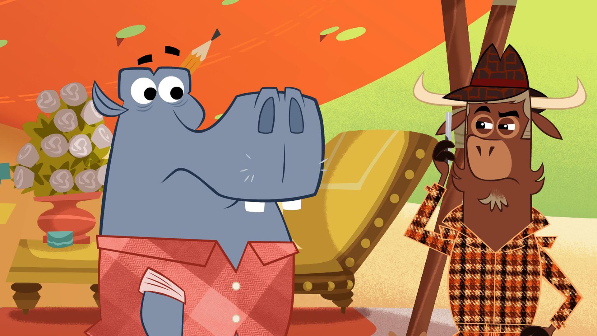 Das Nilpferd steht links neben Sherlock Yack. Es sieht ratlos aus. Sherlock Yack runzelt nachdenklich die Stirn. Er hat eine Faust in die Hüfte gestemmt.