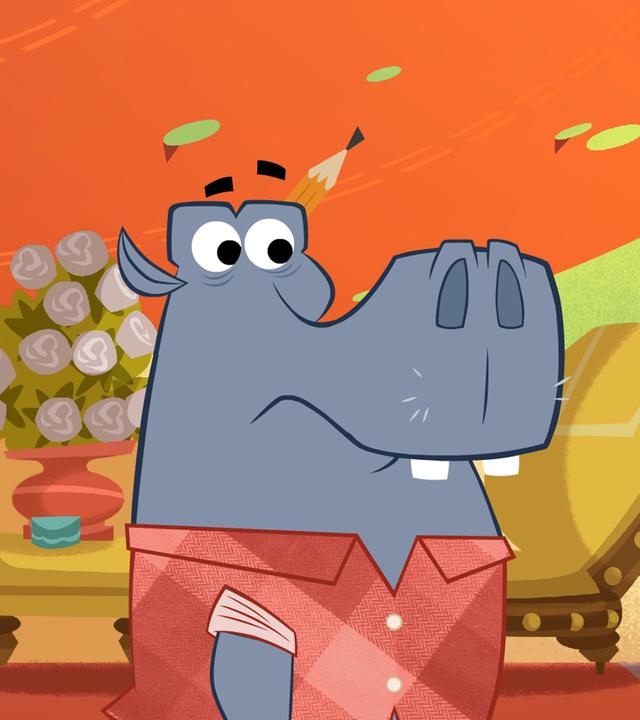 Das Nilpferd steht links neben Sherlock Yack. Es sieht ratlos aus. Sherlock Yack runzelt nachdenklich die Stirn. Er hat eine Faust in die Hüfte gestemmt.