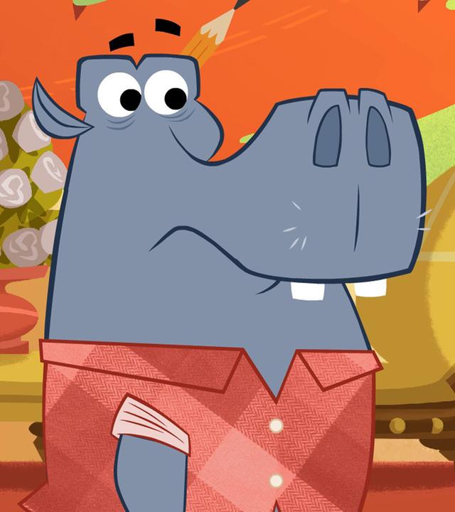 Das Nilpferd steht links neben Sherlock Yack. Es sieht ratlos aus. Sherlock Yack runzelt nachdenklich die Stirn. Er hat eine Faust in die Hüfte gestemmt.