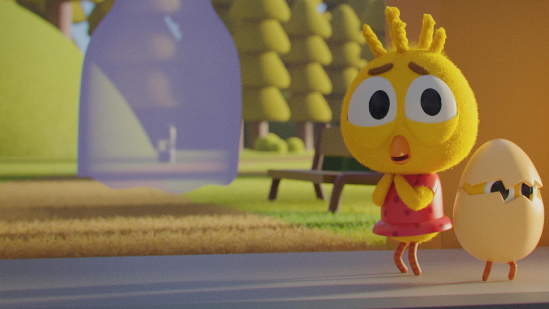 Karla, das Küken und ihr kleiner Bruder Louis, der noch in einer Eierschale steckt, aus der nur seine Augen hervorschauen,  stehen verängstigt auf einem Bürgersteig. Karla hält ihre Flügel vor ihre Brust. Hinter ihnen schwebt ein großes durchsichtiges Gespenst.