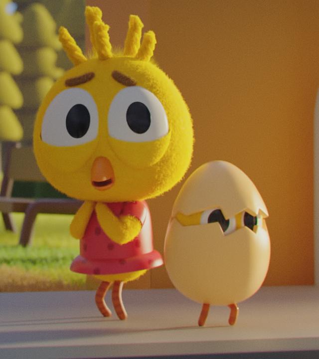 Karla, das Küken und ihr kleiner Bruder Louis, der noch in einer Eierschale steckt, aus der nur seine Augen hervorschauen,  stehen verängstigt auf einem Bürgersteig. Karla hält ihre Flügel vor ihre Brust. Hinter ihnen schwebt ein großes durchsichtiges Gespenst.