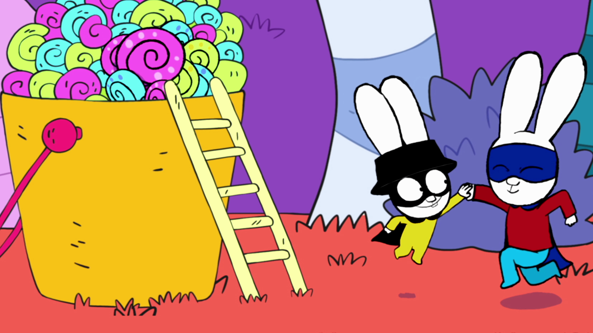 Captain Hase und Superhase springen überglücklich in die Luft und klatschen sich dabei ab. Neben ihnen steht ein großer Eimer voller bunter Schnecken. An dem Eimer lehnt eine Leiter.