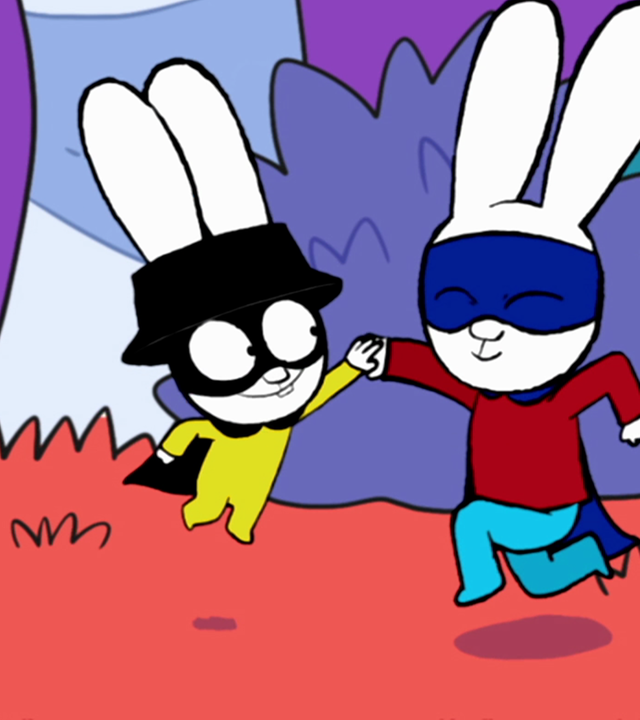 Captain Hase und Superhase springen überglücklich in die Luft und klatschen sich dabei ab. Neben ihnen steht ein großer Eimer voller bunter Schnecken. An dem Eimer lehnt eine Leiter.