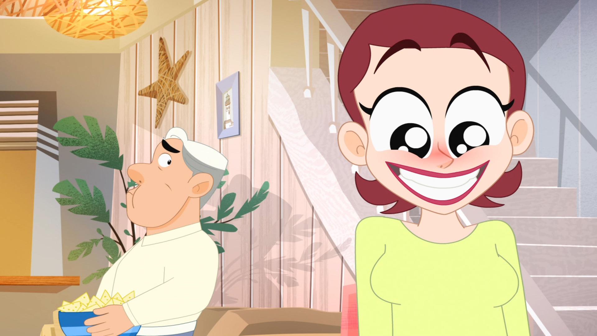 Rebeccas Mutter (rechts) schaut begeistert, im Hintergrund sieht man ihren Freund Sam (links) mit einer Schüssel Nachos skeptisch schauen.