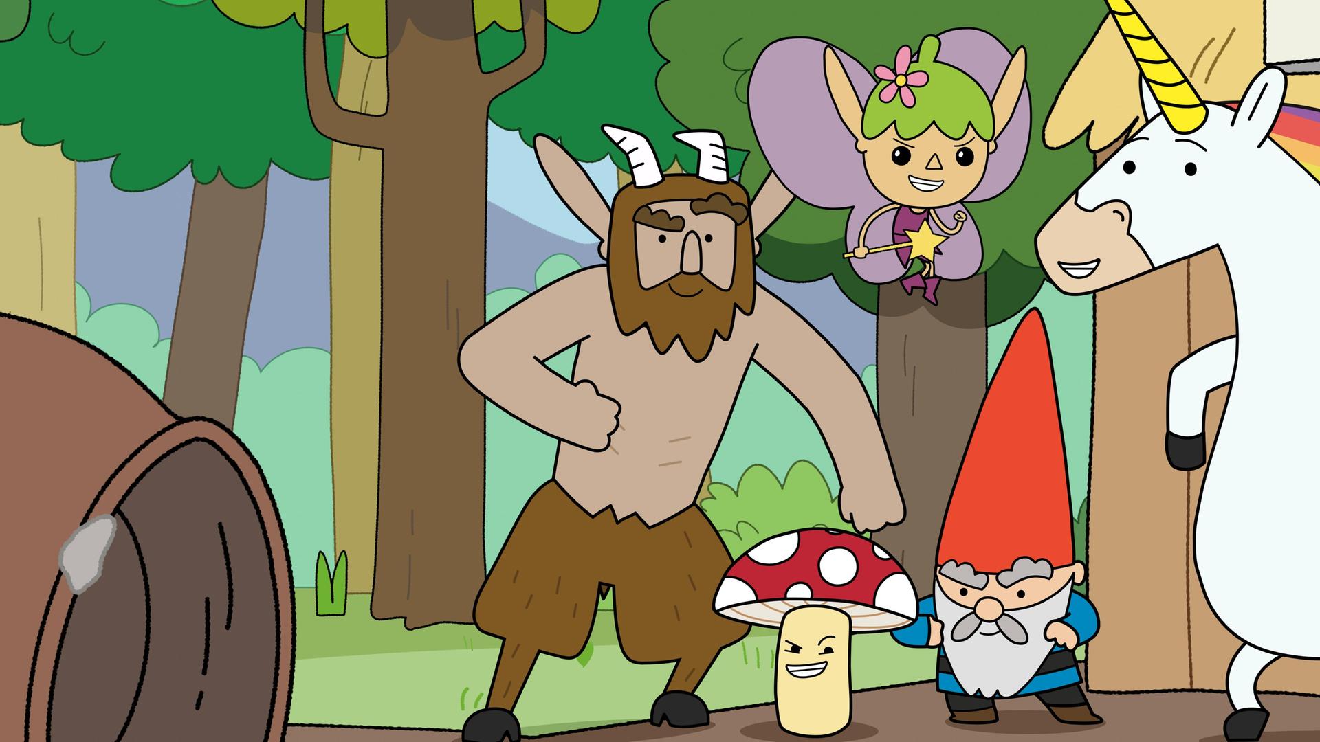 Im Wald vor einer Holzhütte, in der man Getränke kaufen kann, stehen die Helden Hufius, Tupfen, Twinkle, Herbert und Blümchen mit angespannten Körpern zum Einsatz bereit.