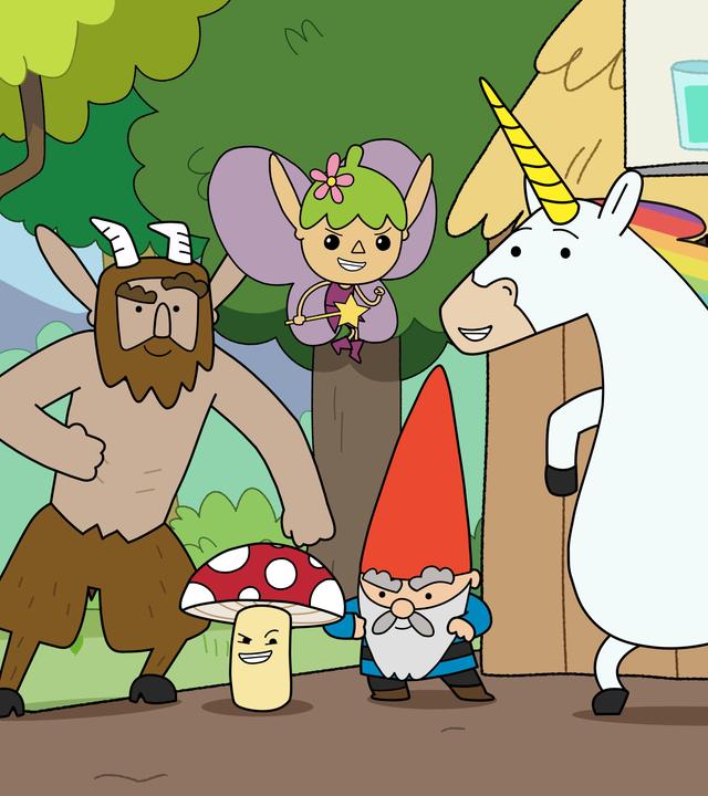 Im Wald vor einer Holzhütte, in der man Getränke kaufen kann, stehen die Helden Hufius, Tupfen, Twinkle, Herbert und Blümchen mit angespannten Körpern zum Einsatz bereit.