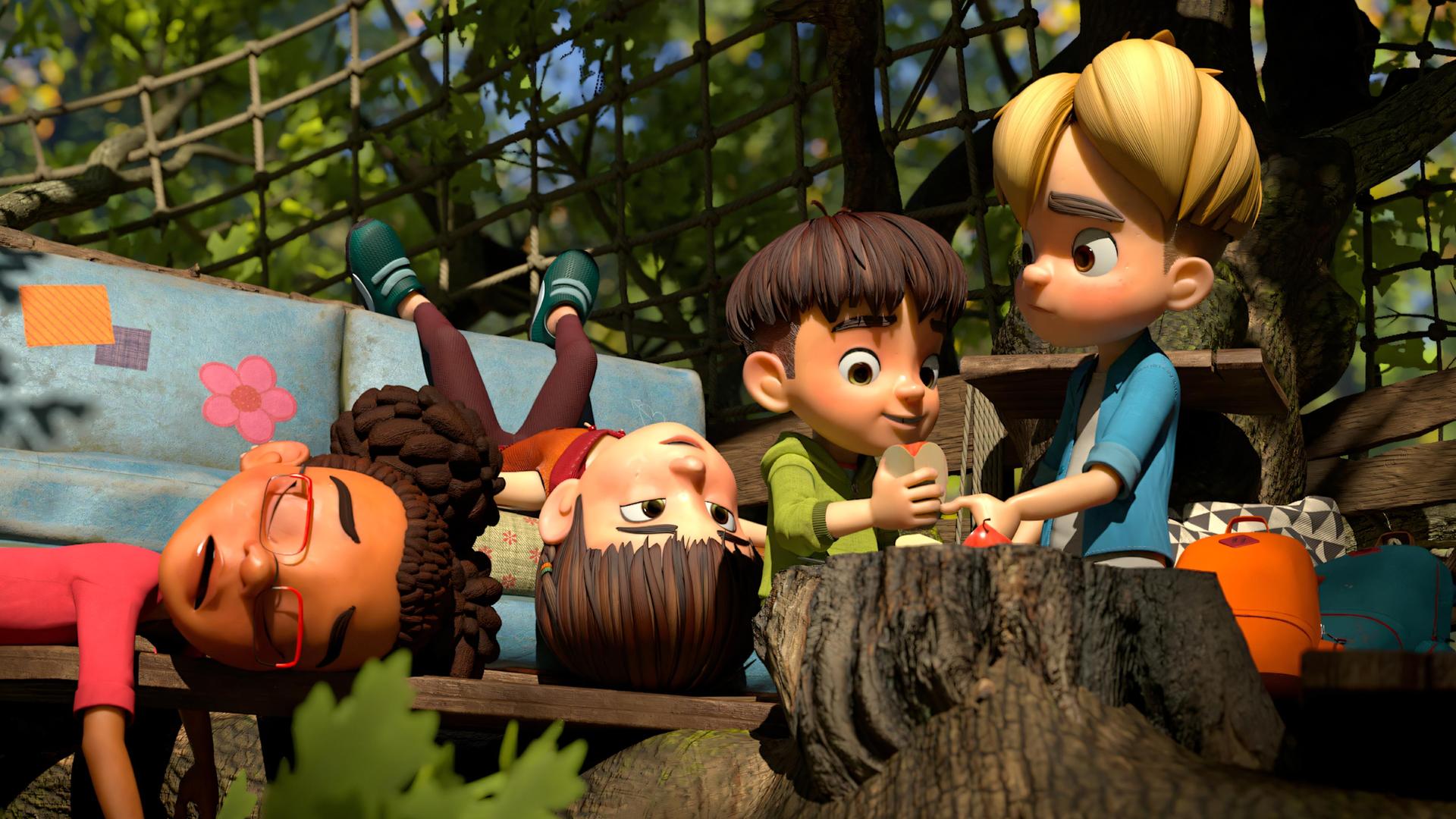 Gelangweilt und erschöpft sind die Kinder der Dorfbande, die oben in ihrem Baumhaus wegen der umgestürzten Leiter gefangen sind. Lina liegt auf einem ausrangierten Sofa auf dem Bauch. Bohnenstange liegt Kopf nach unten hängend auf dem ausrangierten Sofa. Ihr  jüngerer Bruder, Kleiner Fuß, teilt sich mit Raphael, einen Apfel.