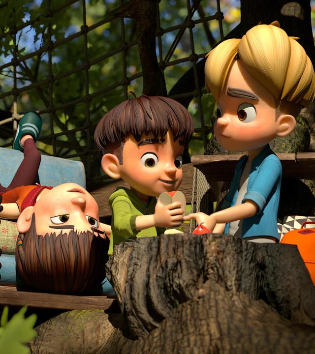 Gelangweilt und erschöpft sind die Kinder der Dorfbande, die oben in ihrem Baumhaus wegen der umgestürzten Leiter gefangen sind. Lina liegt auf einem ausrangierten Sofa auf dem Bauch. Bohnenstange liegt Kopf nach unten hängend auf dem ausrangierten Sofa. Ihr  jüngerer Bruder, Kleiner Fuß, teilt sich mit Raphael, einen Apfel.